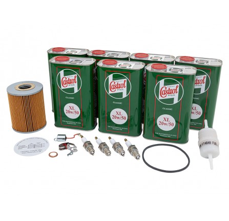 2.25 Petrol Service Kit 1964 Onwards Britpart with Castrol Oil and Fixed Points for Lucas Distributor