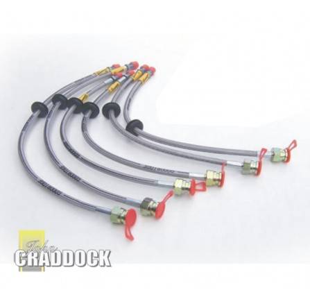 50mm Extd Braided Stainless Steel Brake Hose Set Land Rover 90/110 Vehicles without Abs Kit Comprises Of 3 Brake Hoses.