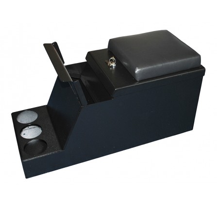 Defender Security Cubby Box 3 Removable Cup Holders Comes with 2 Keys Black Body with Grey Top.