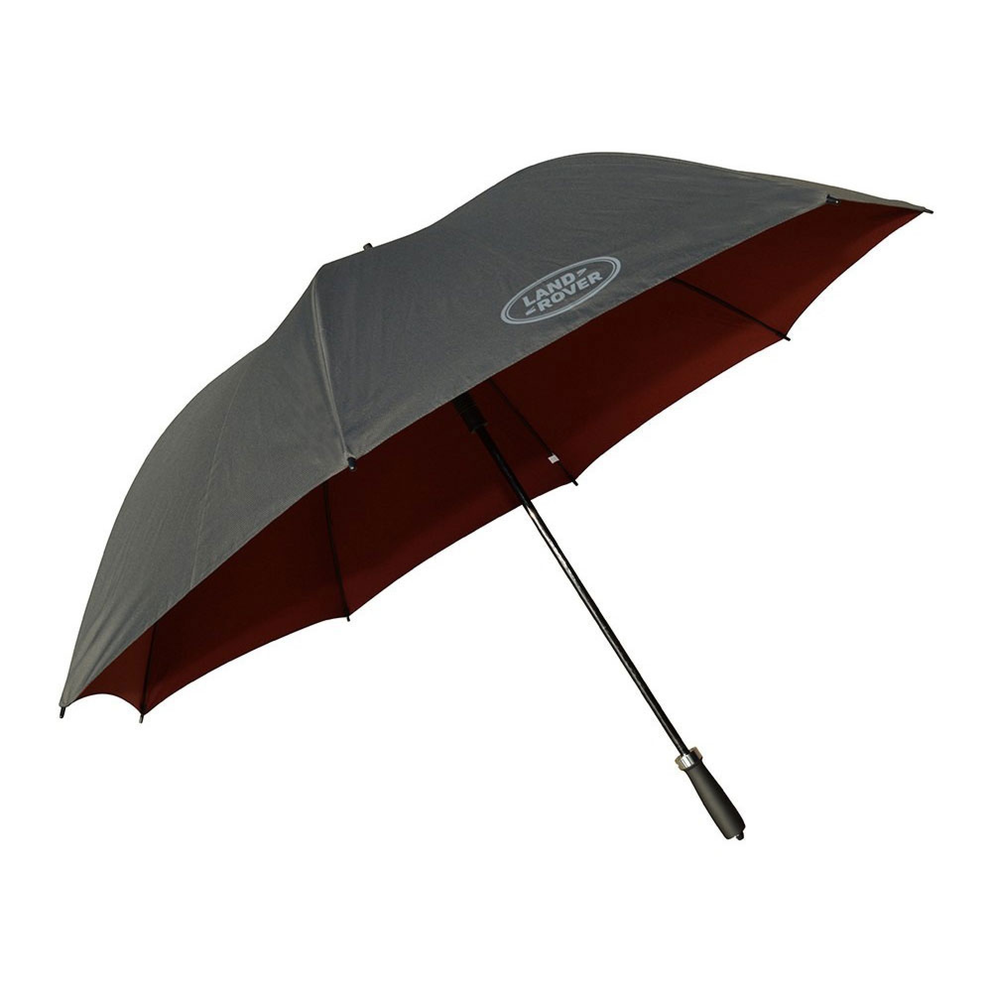 LRUMATG - No Longer Available Land Rover Large Golf Umbrella Umbrella with Lightweight Fibreglass Shaft with Curved Handle & Windproof System. Two Skin Black Polyester Canopy with Contrast Brogue (Brown) Inner Lining and Single Panel Subtle Logo Applied to O