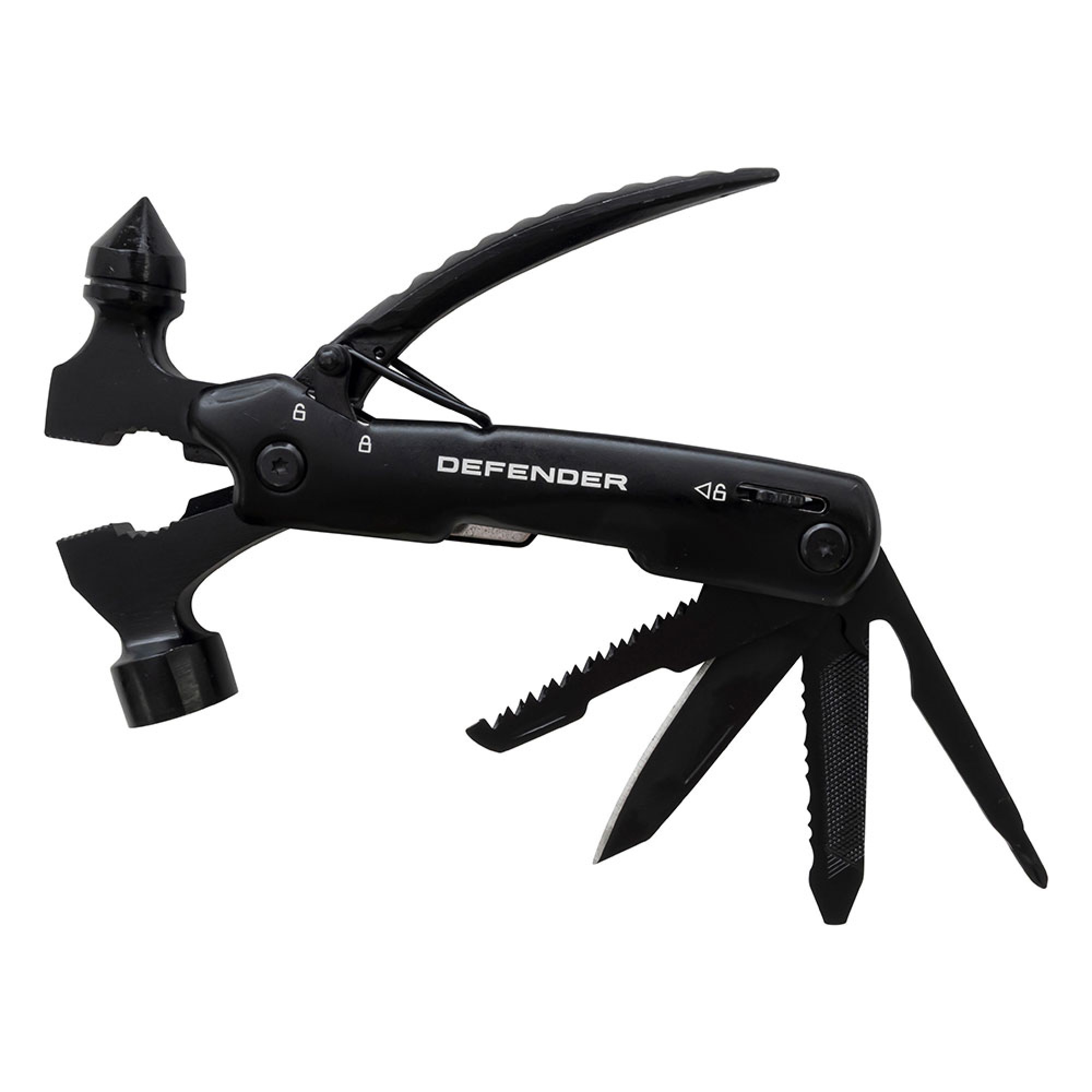 Genuine Defender Multi Tool 11-IN-1 Hammer Advanced Multi-tool Includes 11 Utility Tools, Including, Hammer, Pliers, Glass Breaker, Blade, Saw, Steak Knife and Wire Cutters. Comes with Carry Pouch.
