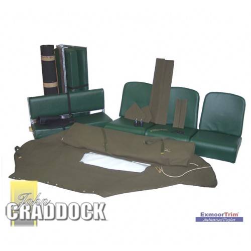 80 INCH FULL RESTORATION KIT 1951-52 SHOVEL BACKS. Green vinyl Restoration Kit Includes: Standard pattern full hood Door flap set Chain sleves Brass rope hooks Brass hooks AND Series 1 rope set. Front seats Leather Straps Locators Fuel Tank Strap Rea - EXT286-2