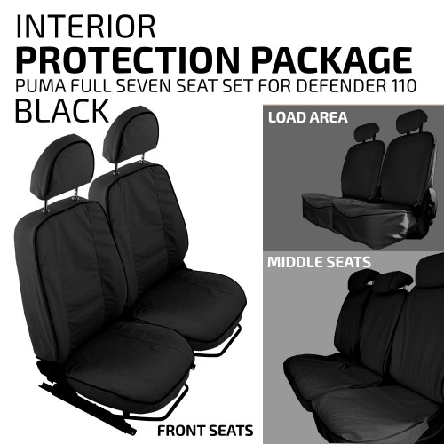 BUN110-COV-BLACK-PUM - Interior Protection Package in Black for Puma 110 Kit Includes Covers for Two Front Seats Three Middle Seats and Two Load Area Seats for Land Rover 110 Puma Easy to Fit