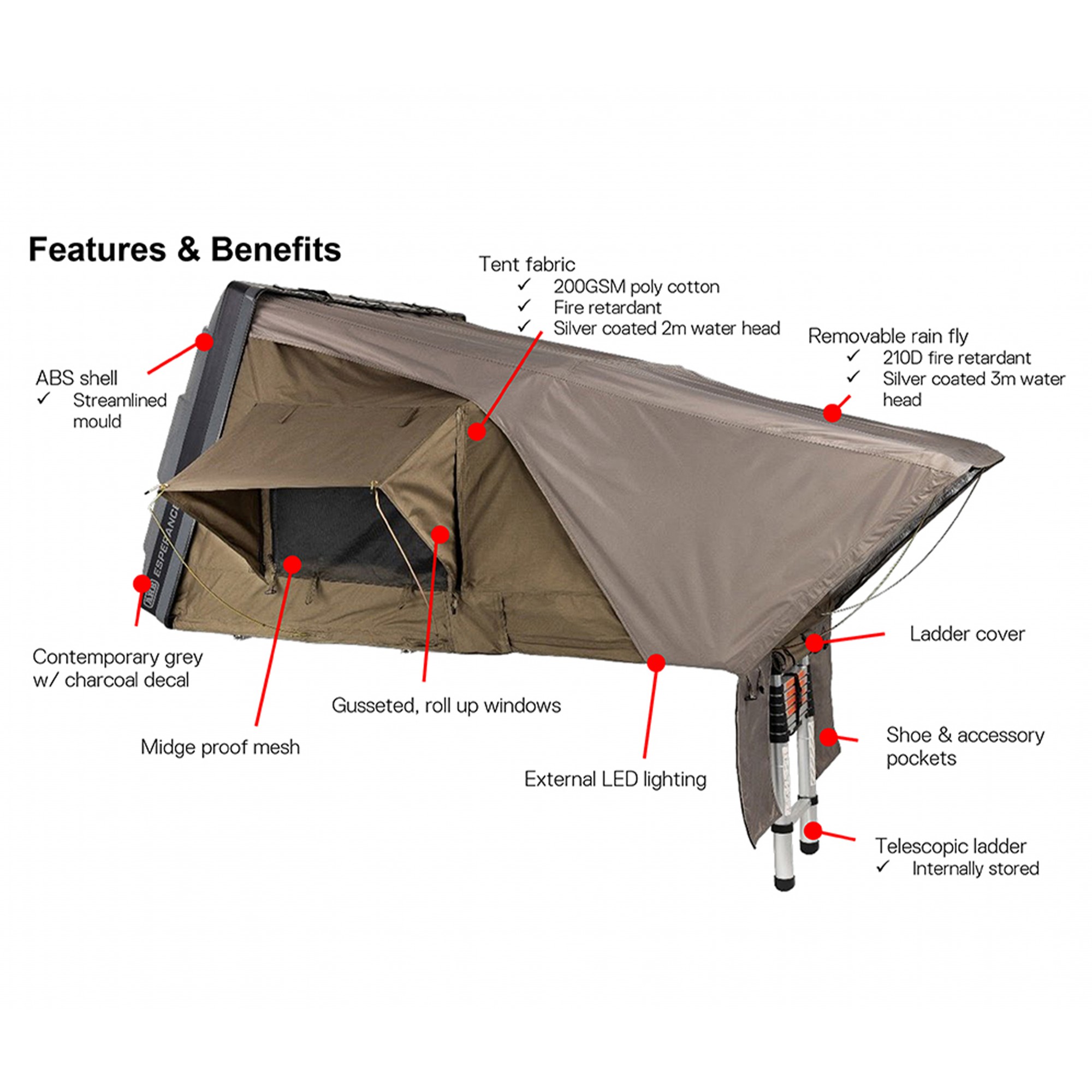 ARB Esperance Roof Top Tent 1520mm (L) x 2000mm (W) x 1200mm (H Sleeps 2 Adults 1 Child