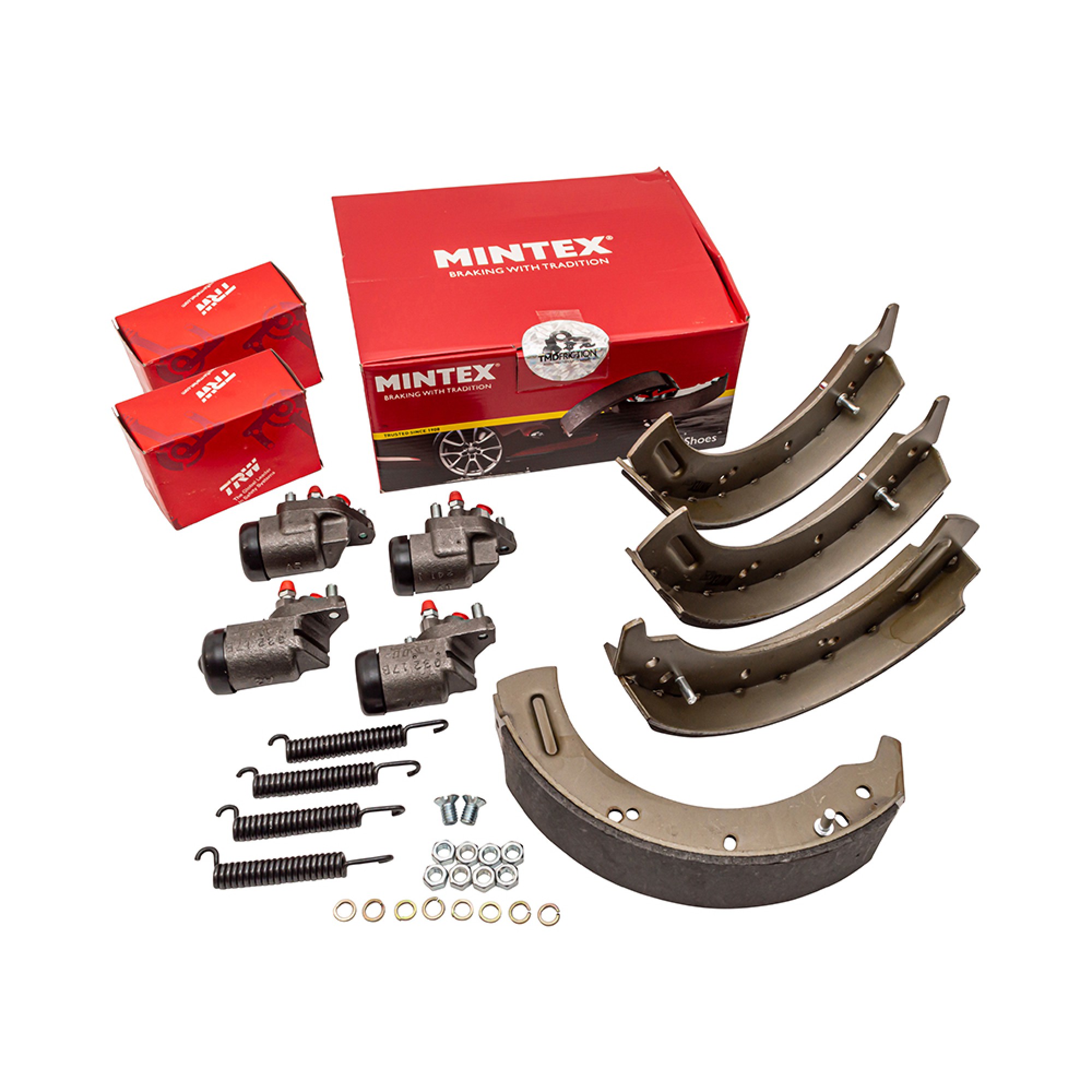 DA6044G - LWB Front Brake Kit 4 Cylinder Except 1 Ton Also SWB July 1980 Onwards with 11" Drums. Kit Contains Shoes, Springs and Cylinders OEM