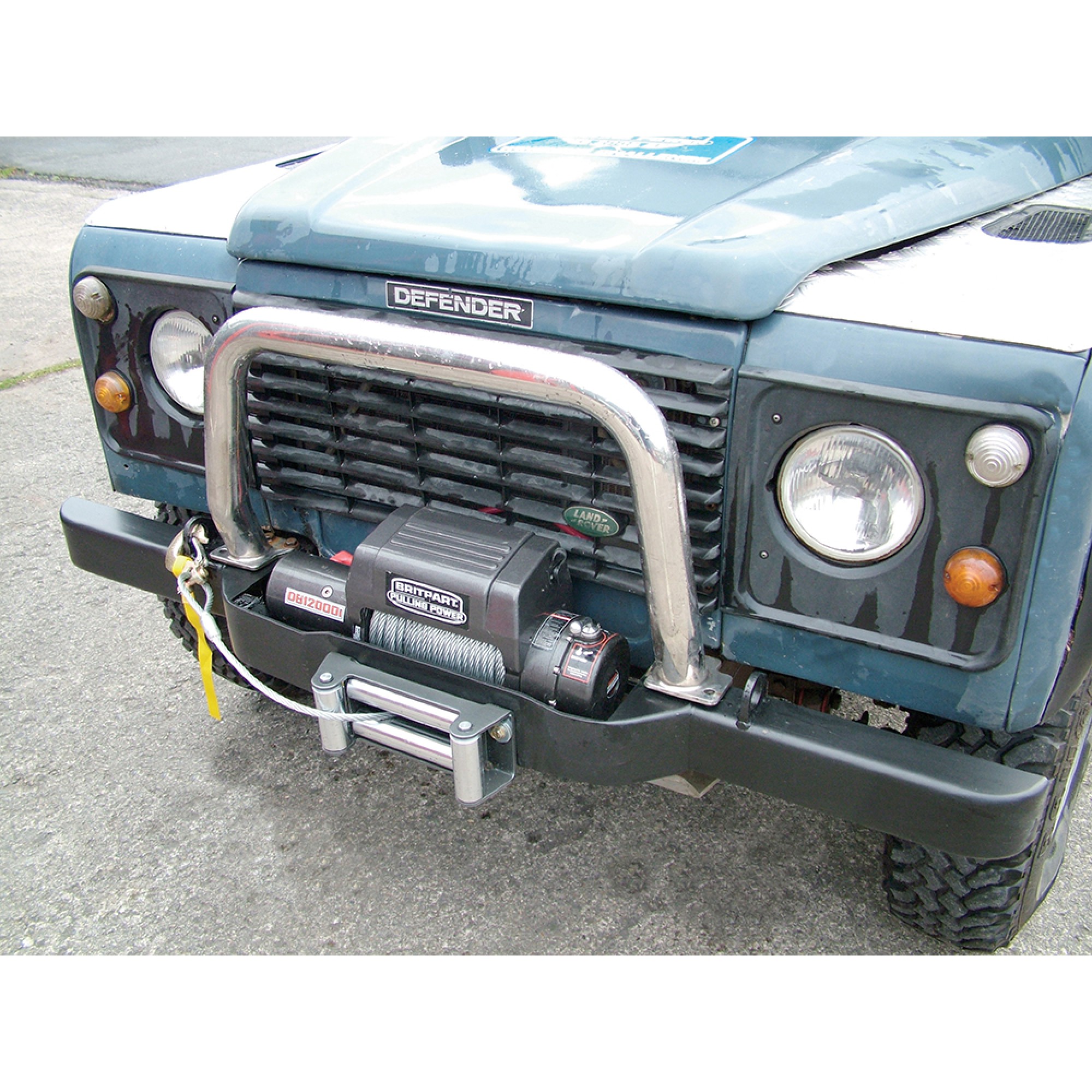 Heavy Duty Winch Bumper for Land Rover Defender in Steel. Suitable for DB12000I and Db 9500 Winches.