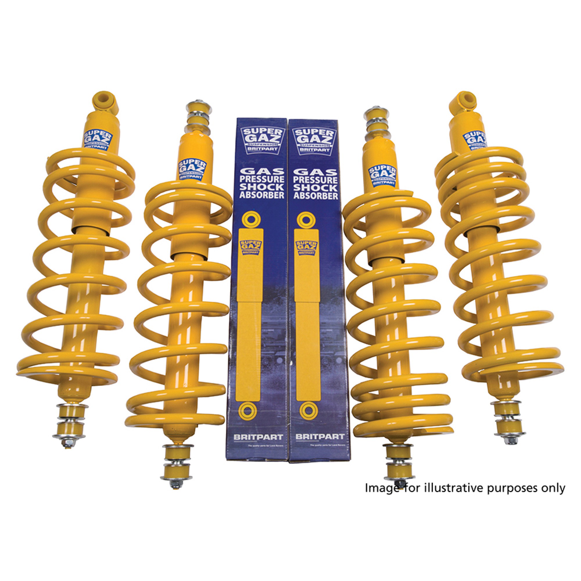 Britpart Super Gaz Suspension Kit 40mm Lift Light Duty. Suitable for Land Rover 90 Range Rover Classic Discovery I. Comes Complete with X4 Super Gaz Shock Absorbers and X4 Britpart Yellow Springs. DC5002L X2 DC5003L X2 DA4202 X1 DA4203 X1 - DA4286