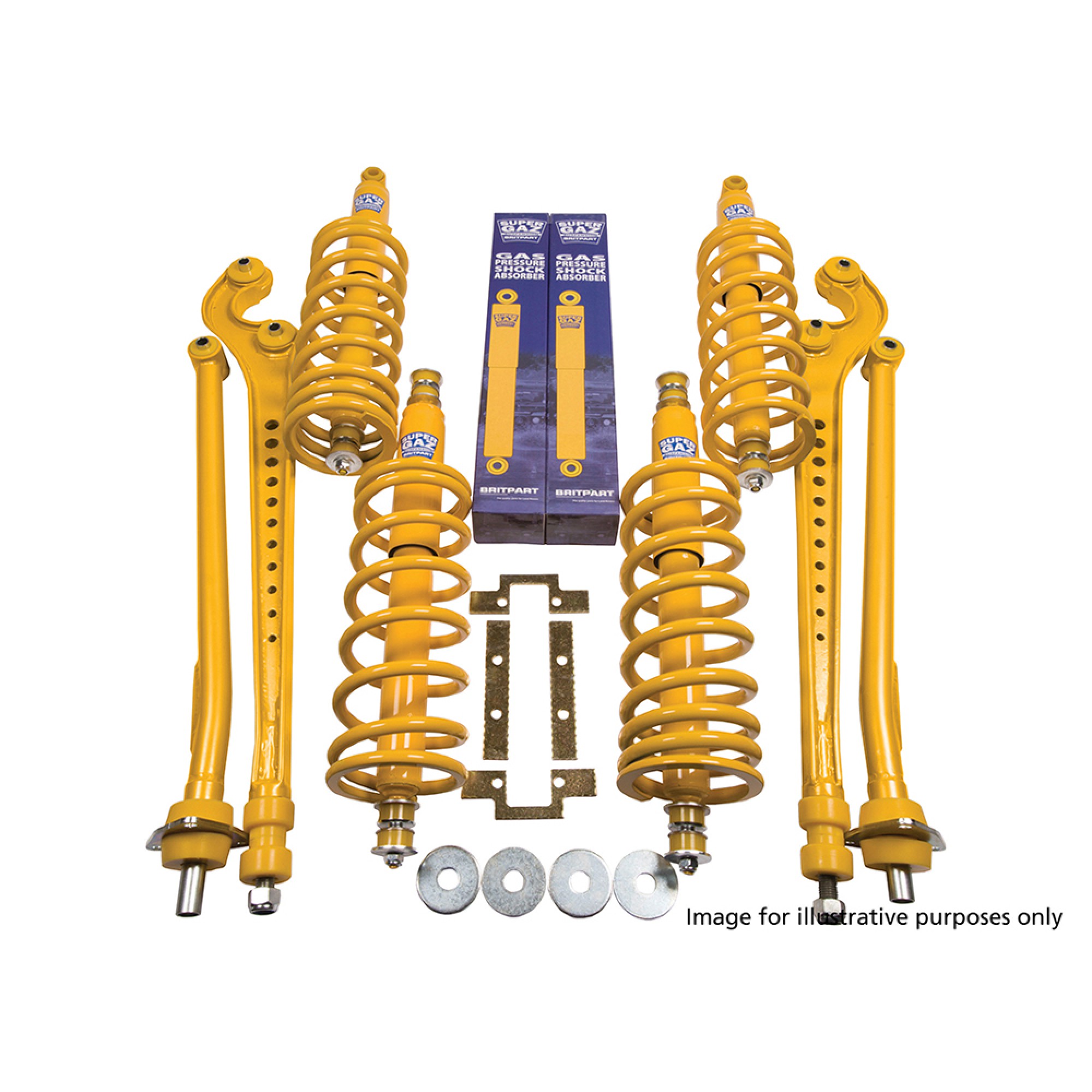 DA4299 - Britpart Super Gaz Suspension Lift Kit Heavy Duty 40mm Lift. Suitable for Land Rover 110 upto 1994. (Narrow Bush) Comes Complete with X4 Super Gaz Shock Absorbers X4 Britpart Yellow Springs and Radius Arms to Suit.