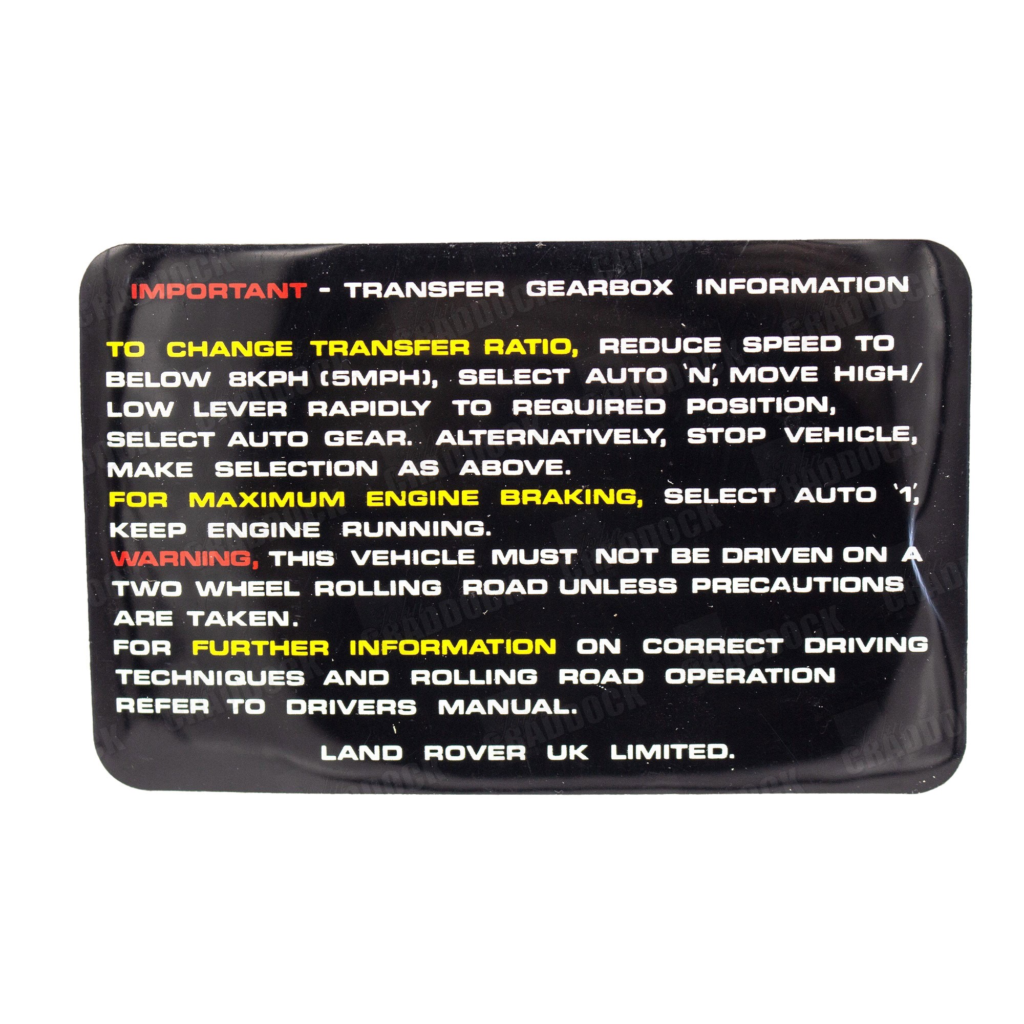 MWC5397 - Instruction Plate on Dash Range Rover Classic Auto from FA351033 to GA448547