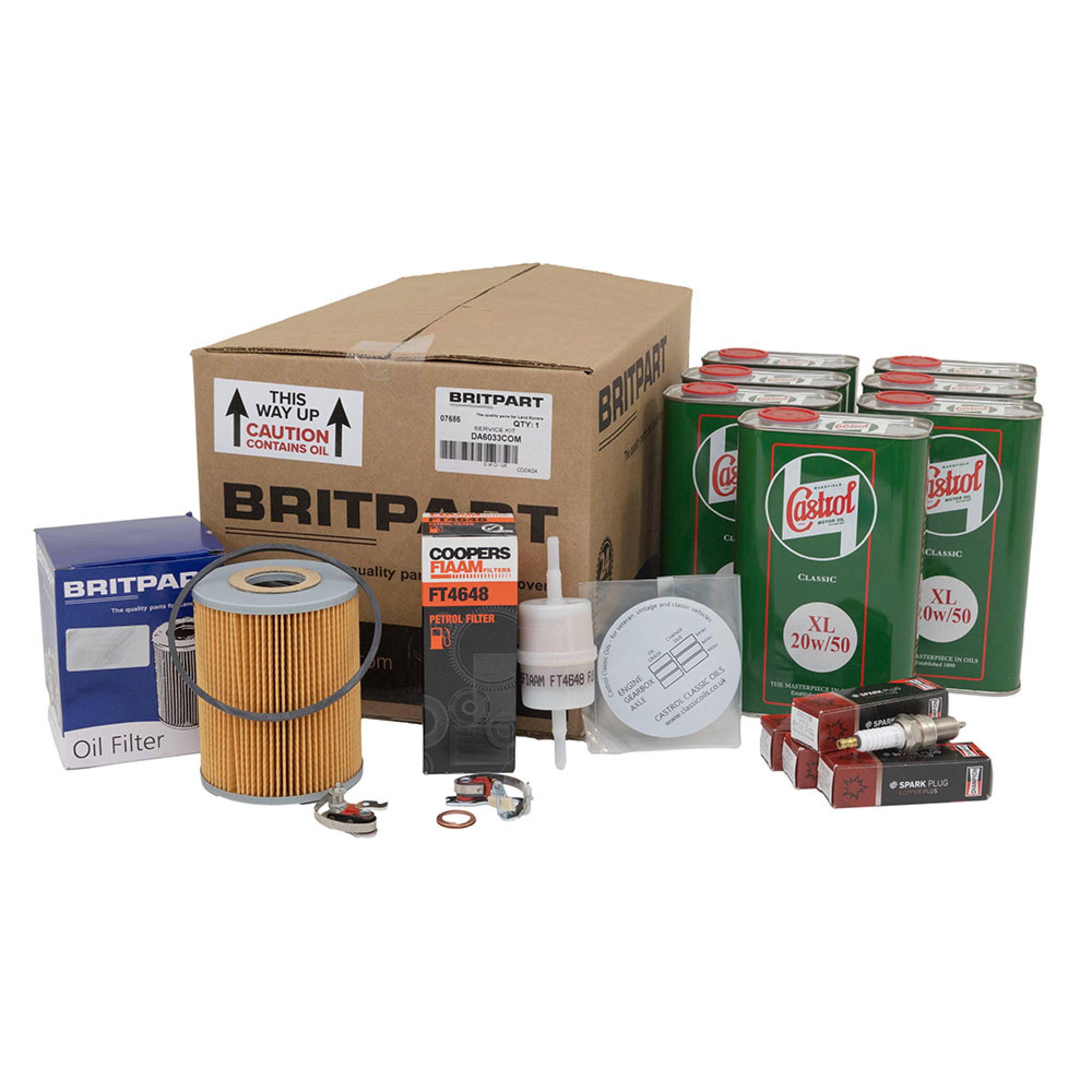 DA6033COM - Series 2/3 2.25 Petrol Service Kit 1964 Onwards Britpart with Castrol Oil and Sliding Points for Lucas Distributors