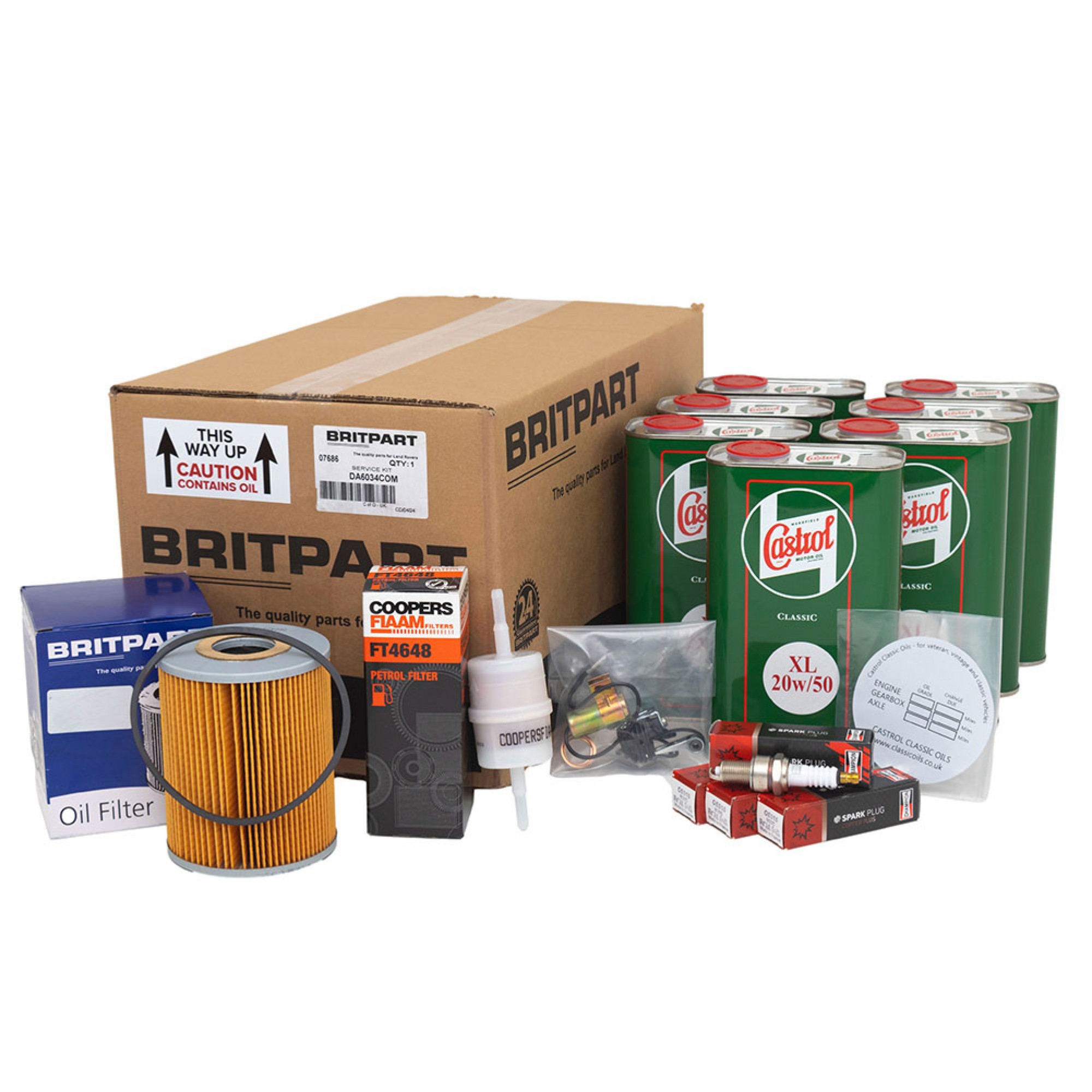 DA6034COM - 2.25 Petrol Service Kit 1964 Onwards Britpart with Castrol Oil and Ducilier Points